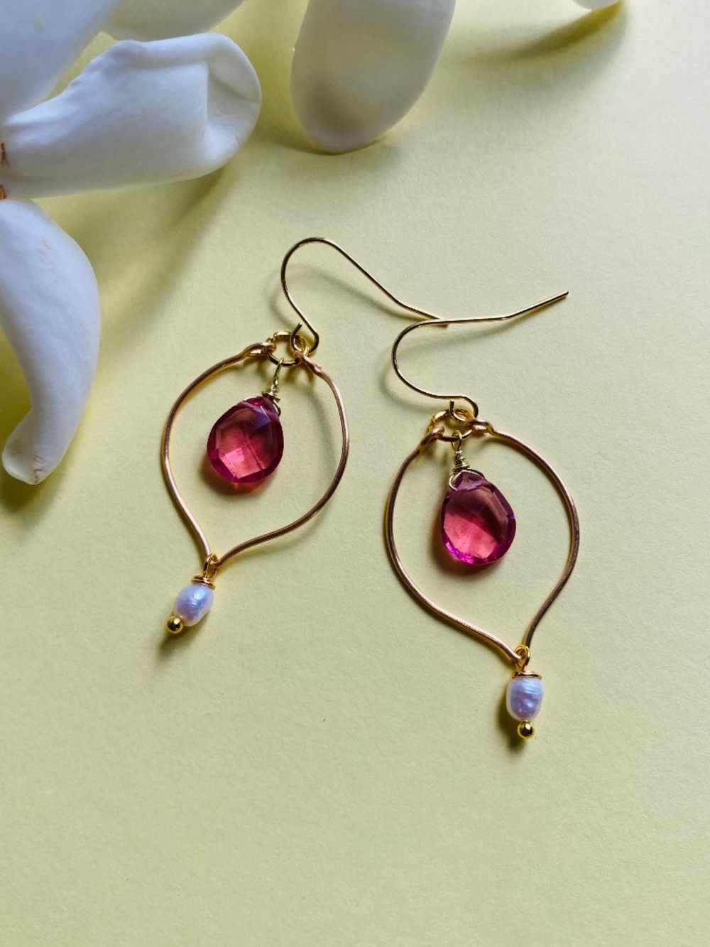 Handmade Earrings with Hot Pink Sapphire Quartz & Freshwater Pearl